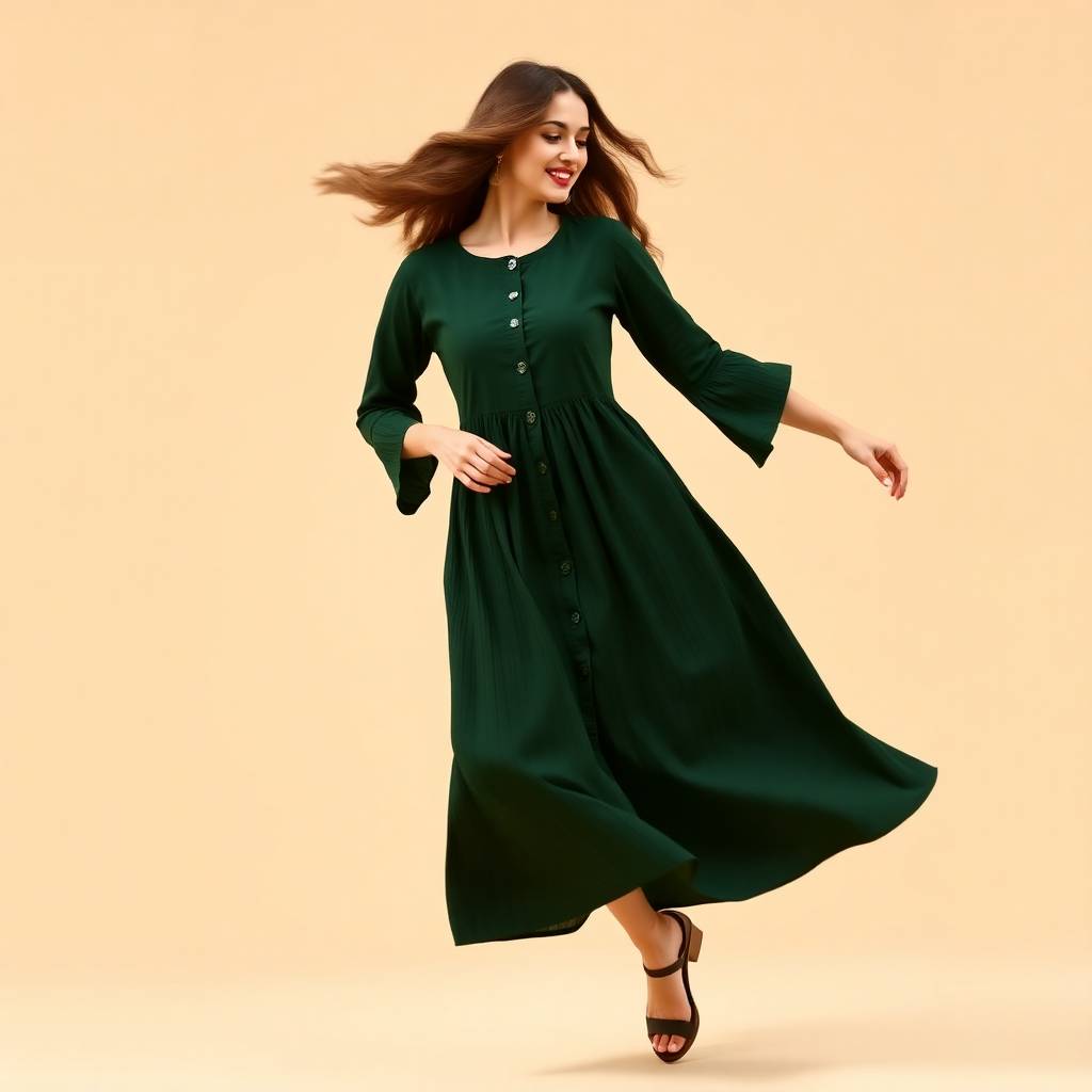 Elegant Pleated Flared Rayon Kurti for Women – Solid Round Neck Design