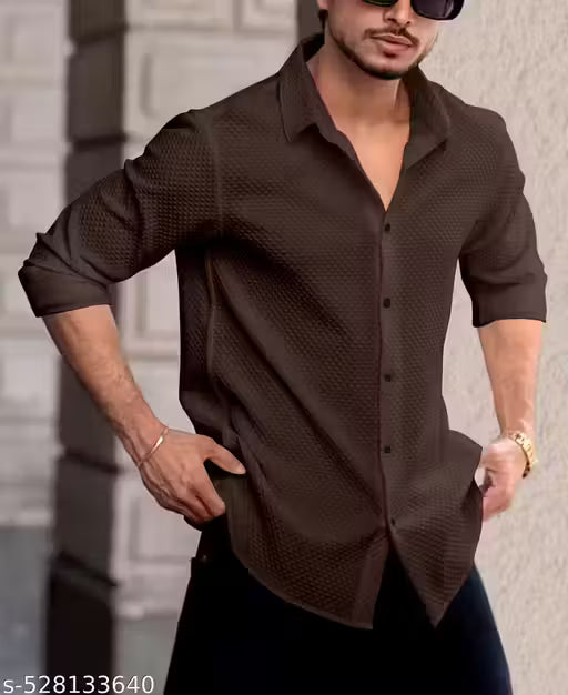 Men’s Structured Knitted Cotton Shirt – Regular Fit, Self-Design, Full Sleeves